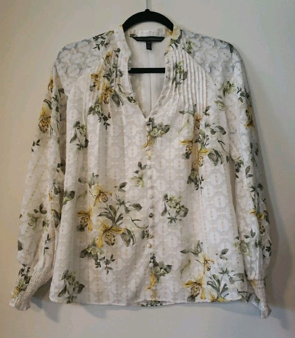 White House Black Market Blouse Gold Floral Long Sleeve Smocked Sz XXS (V4